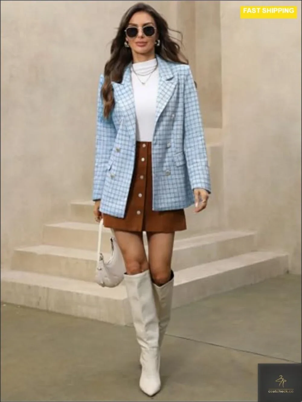 Women's Oversized Plaid Tweed Blazer Boyfriend Style Double Breasted